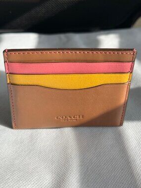 Coach Colorblock Leather Card Case | Pink, Yellow & Saddle Brown